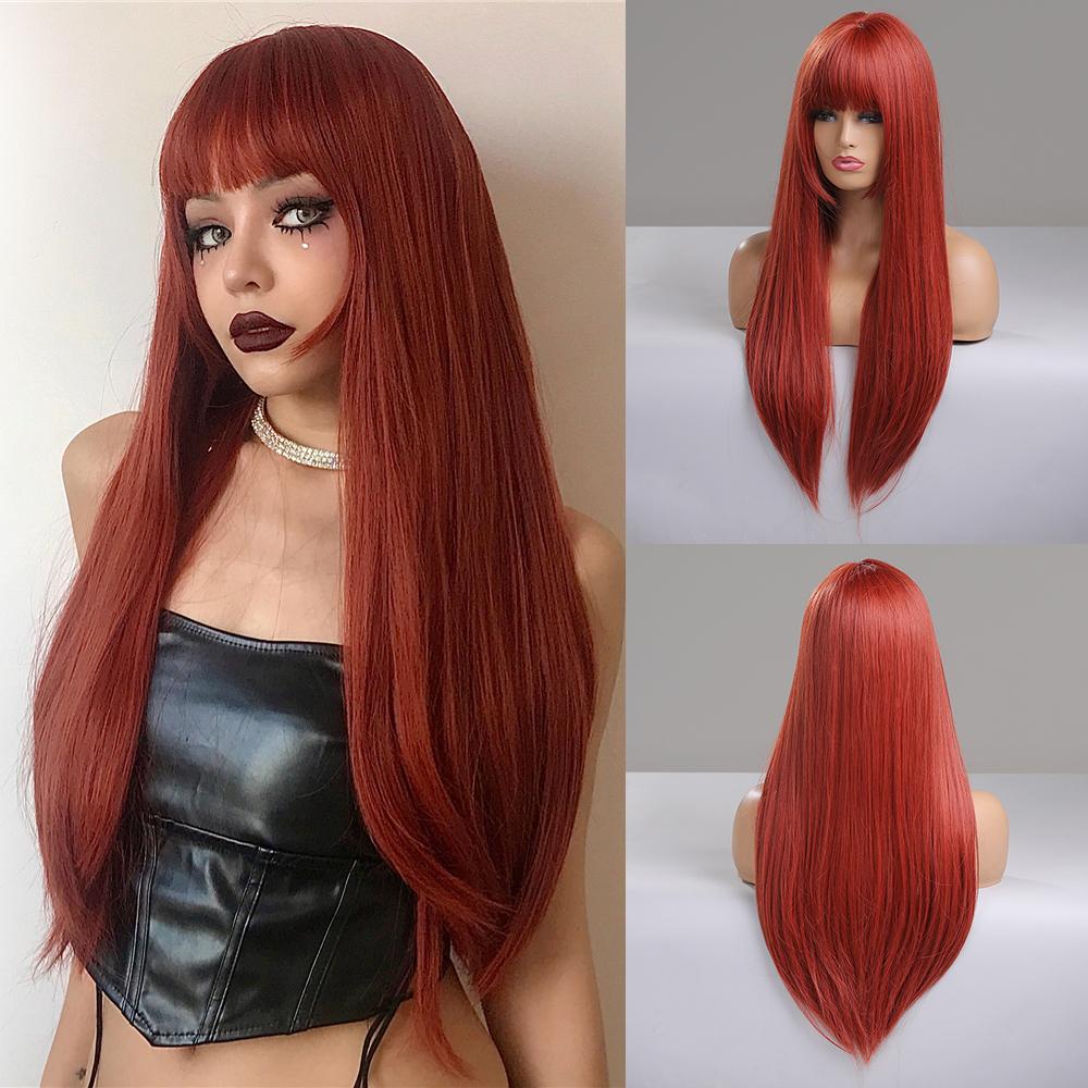 ALAN EATON Long Orange Synthetic Wig Water Wavy Wig with Bangs for Women Realistic Fake Hair Halloween Party Use Heat Resistant Cosplay Use