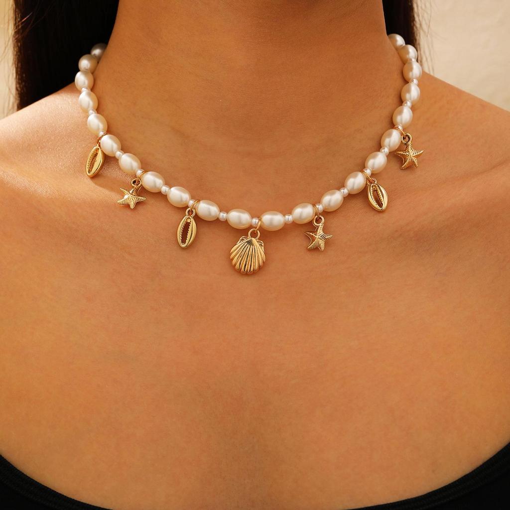 Bohemian Starfish & Seashell Faux Pearl Beach Necklace for Women