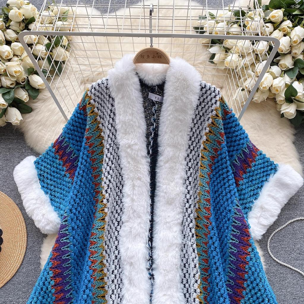 Chic Ethnic Style Color Collision Shawl Sweater Jacket Women Patchwork Soft Warm Hairball Cape Cloak  Knitted Cardigan