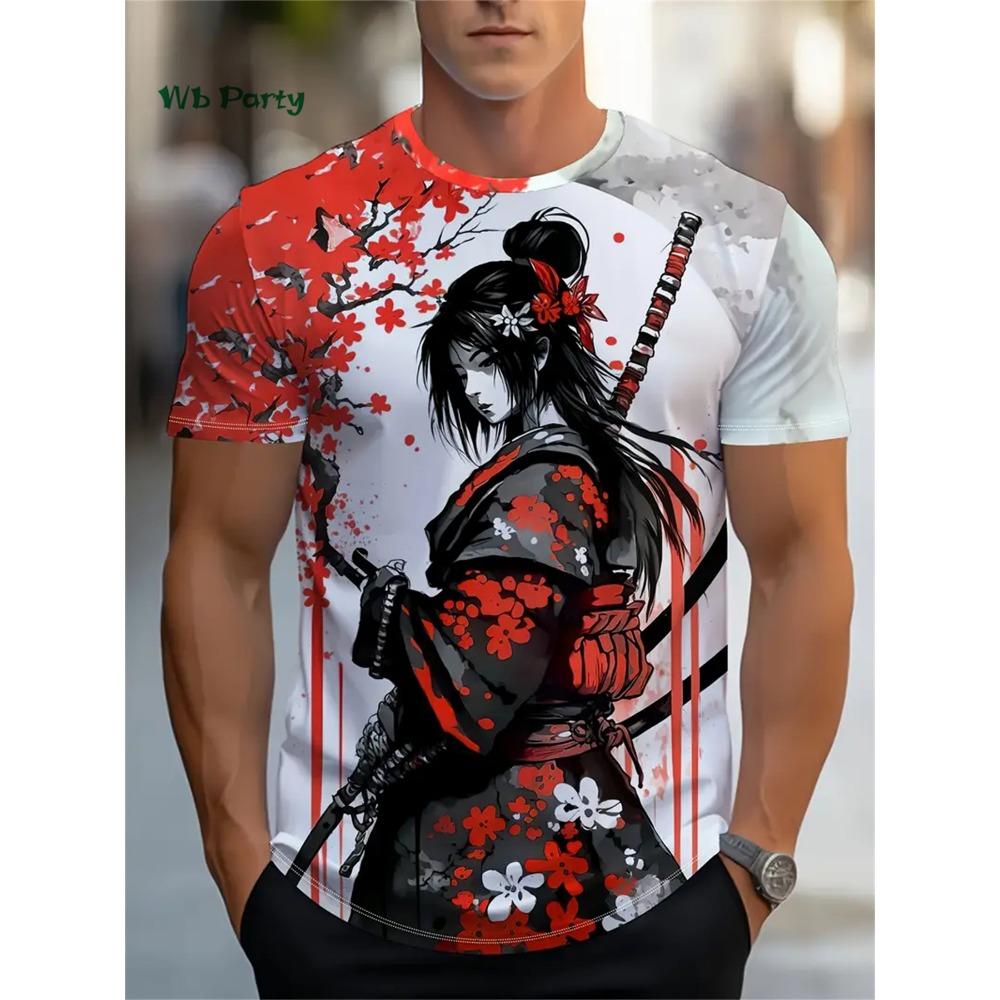 Sakura Samurai Pattern Men's T-Shirt Japanese Anime Short Sleeve T-Shirt Harajuku Tops Summer Men's Oversized Casual Clothing