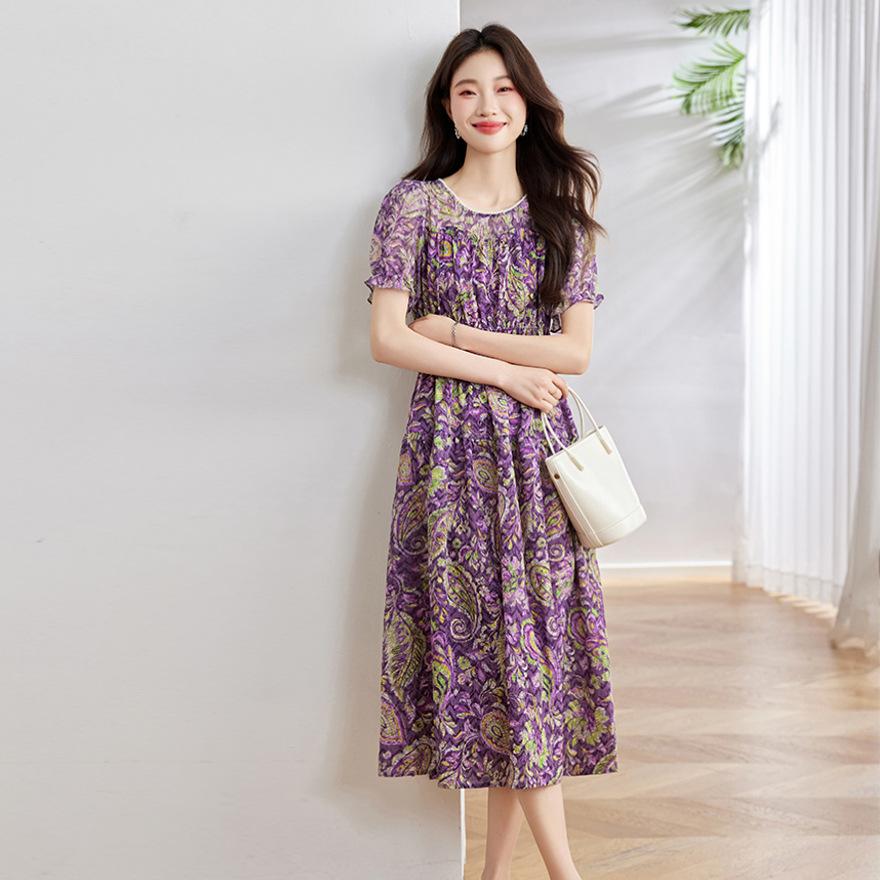 Fashion round neck elastic waist dress  new temperament elegant waist thin floral medium and long skirt