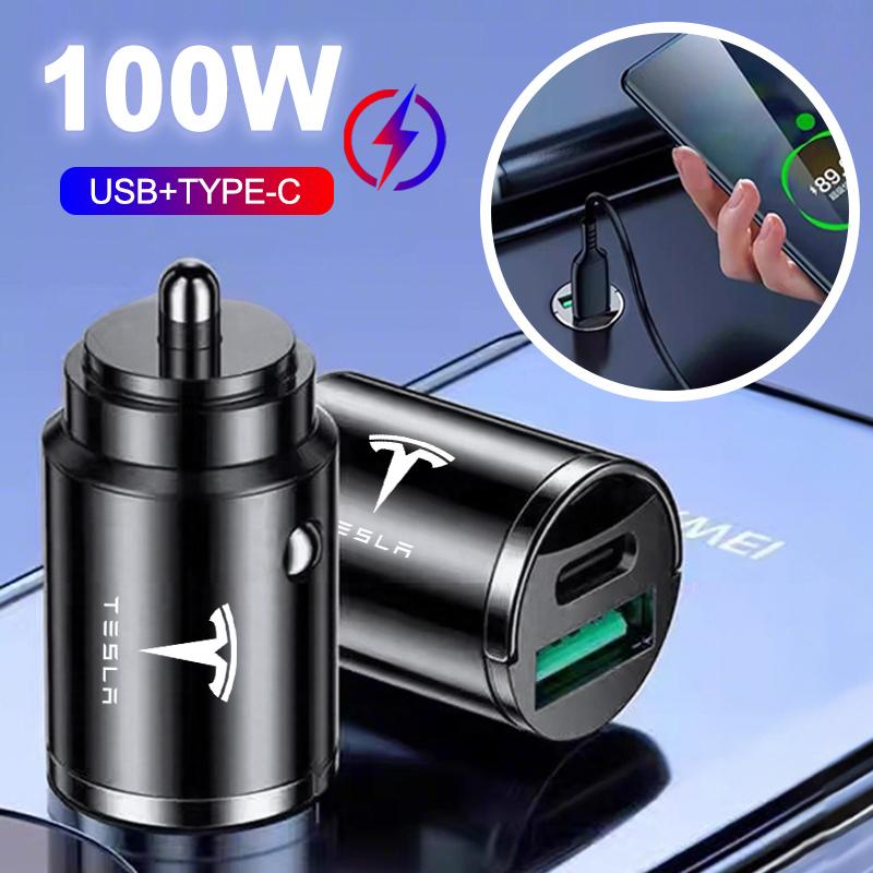 AAAIN1 100W Car USB+Type-C Charger Fast Charging Power Adapter For Tesla Model Y Juniper Model 3 Model S Model X SpaceX Auto Accessory
