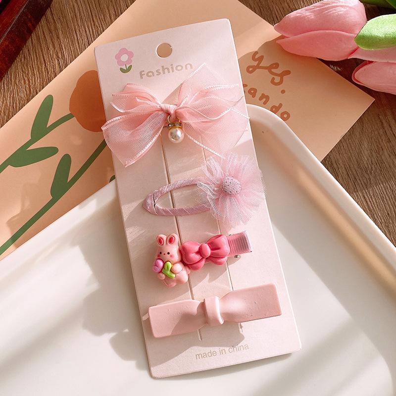 4-piece New Spring Pink Tulle Bow BB Clips for girls.Light Tulle Texture,sweet Pink-rose color,Korean style.Versatile for Bangs