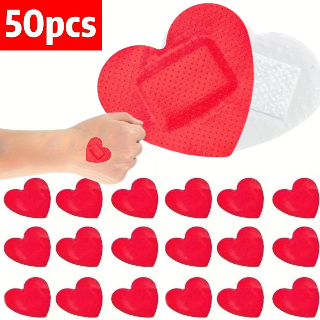 20/50pcs Red Heart-Shaped Bandages -Valentine's Day Wound Care Stickers, Flexible Colorful Cute Adhesive Bandages, Romantic Gift