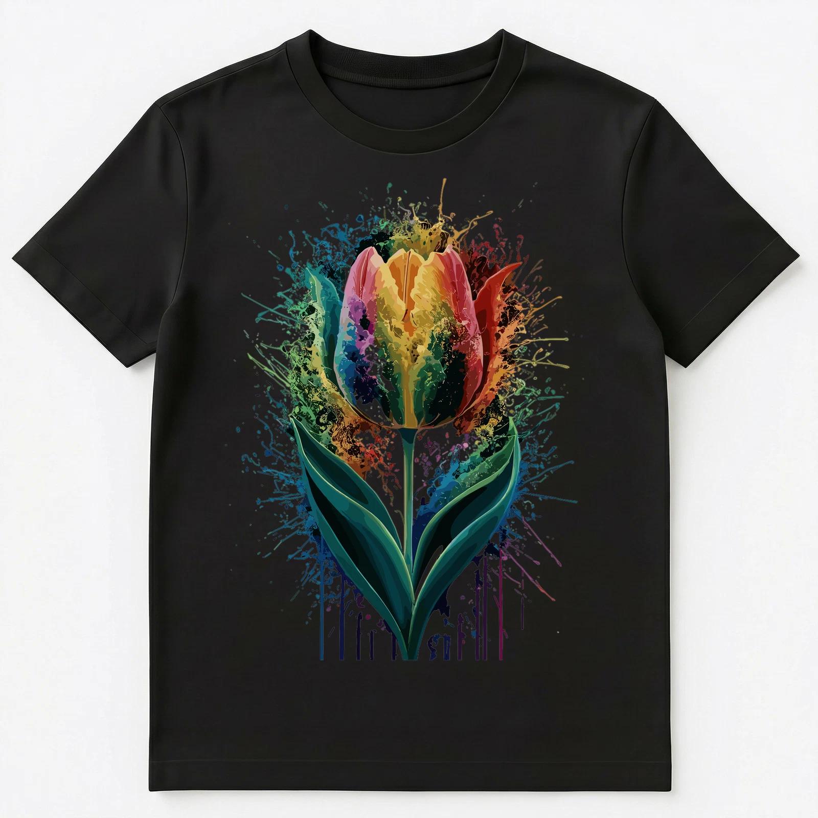 

Colorful Paint Splash Tulip Flower Art Graphic Unisex T-Shirt M
