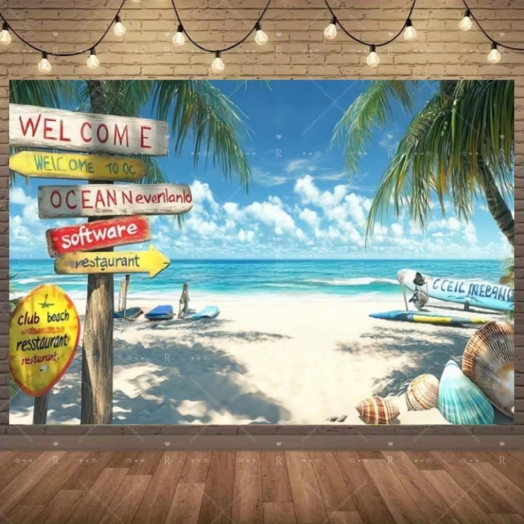 Summer Beach Holiday Party Decoration Backdrop Sunshine Flamingo Ocean Surfboard Portrait Photography Background Props Banner