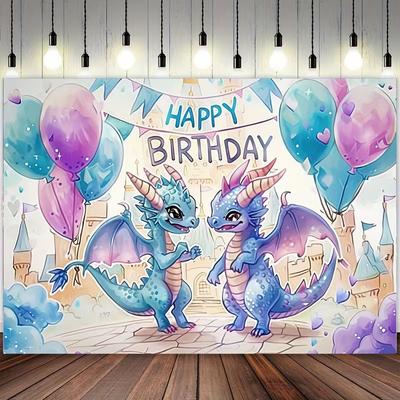 2D Cartoon Dragon & Castle Backdrop, Happy Birthday Balloon Photo Banner for Kids Birthday Party