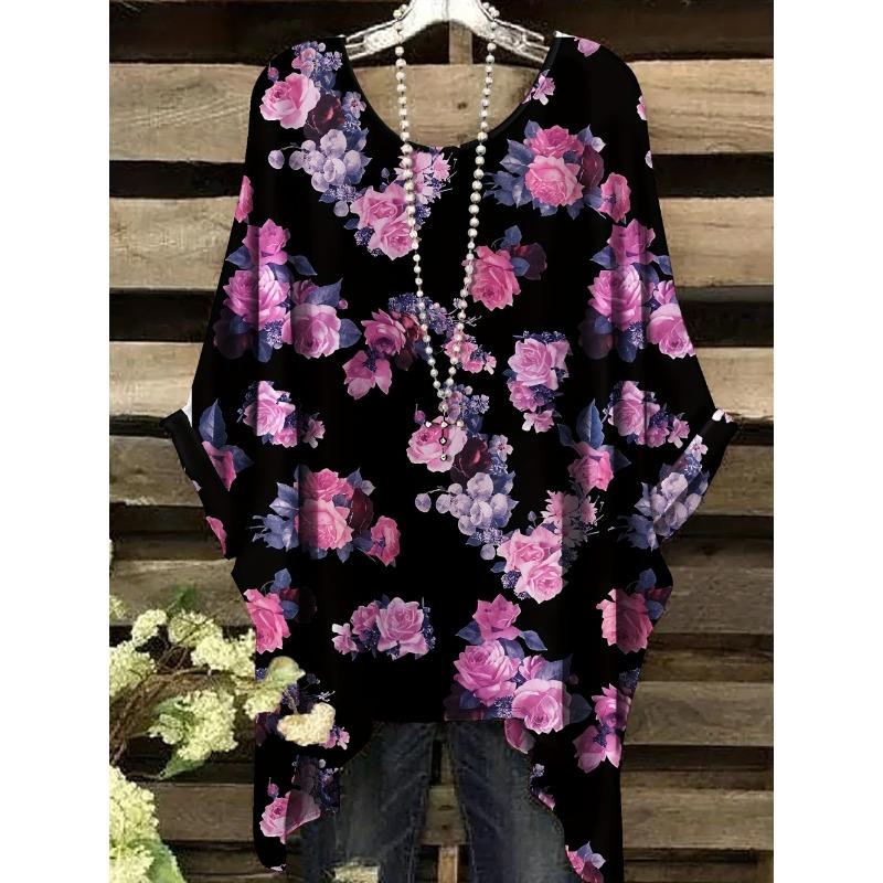 New Women's T-Shirt Vintage Floral Pattern Printed Asymmetrical Hem O-Neck Short Sleeve Top Casual Fashion Street
