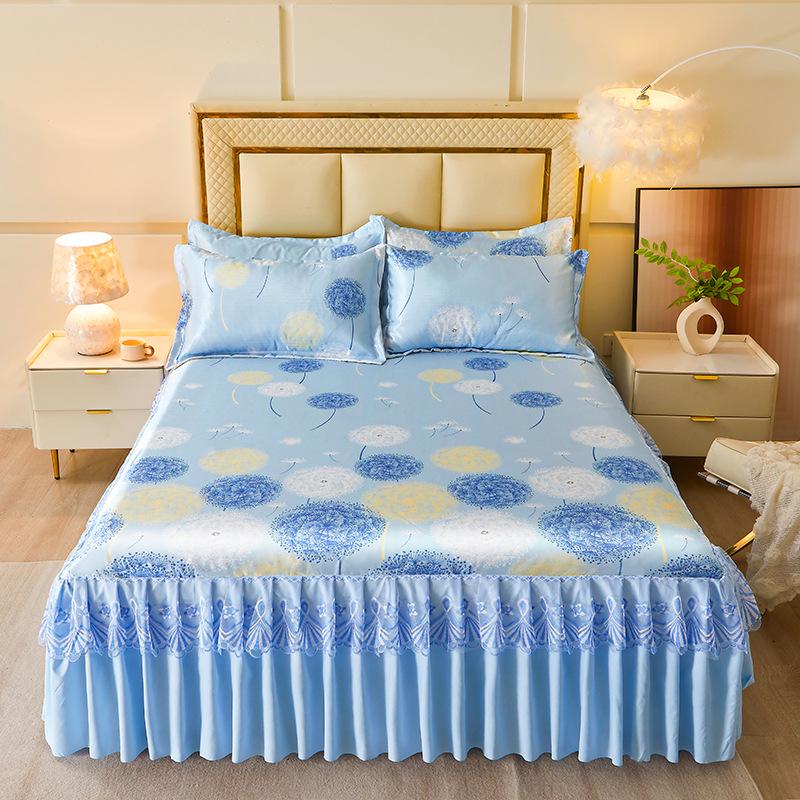Ice Silk Bed Skirt 3-Piece Set: Machine Washable, Soft, Double Bed, Summer