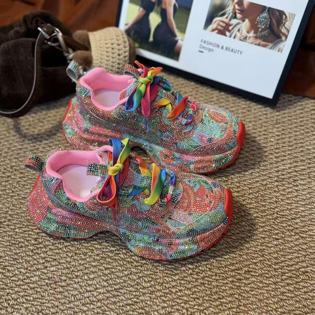 Women's 2025 Winter Rhinestone Chunky Sneakers - Lace-Up Platform Casual Travel Shoes