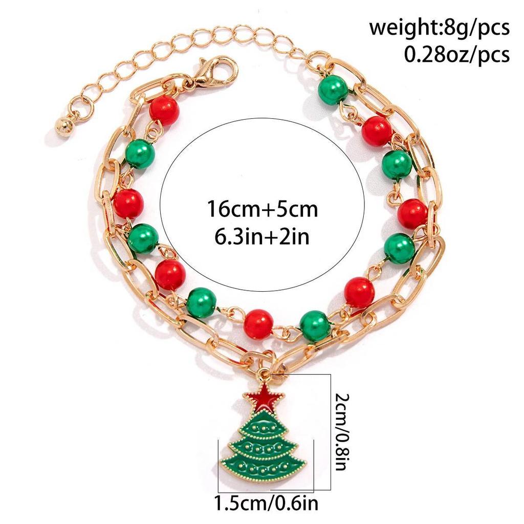 Salircon 2 Pcs/set Cute Christmas Tree Pendant Bracelet Women Trendy Red Green CCB Beads Metal Chain Bangles Couple Jewelry Gift
