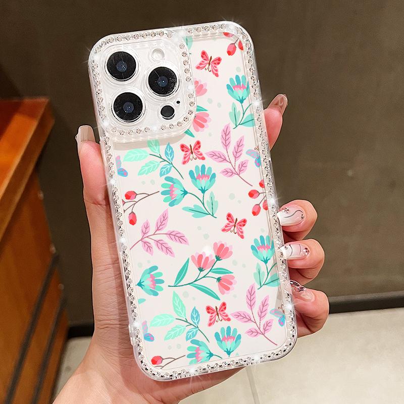 Crystal Diamond Clear Case For iPhone 16 14 15 Pro Plus 13 12 Pro Max 11 16e Flowers Floral Patterned Soft TPU Phone Cover Coque