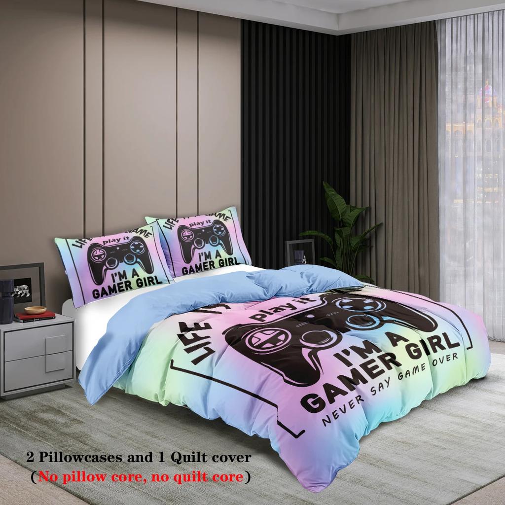 3-teiliges Set Jugendliches Cooles Gamer-Muster Bedrucktes Bettwäscheset für das Bett von Teenager-Mädchen Party Lustiges und Kreatives Bettwäscheset