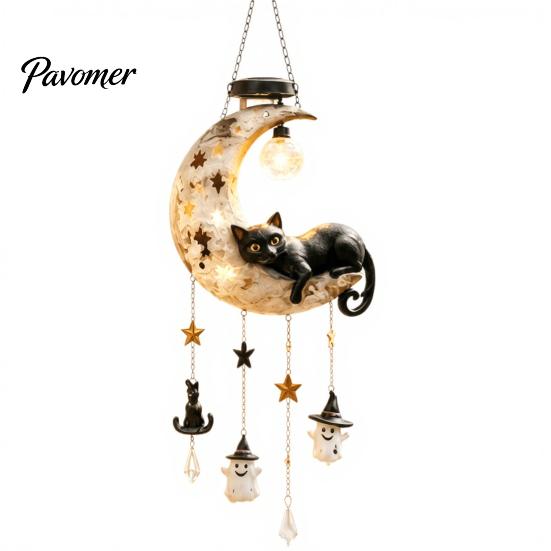 Solar Powered Garden Hanging Decor Moon Black Cat Wind Chime Light, Lamp, Waterproof Resin Cute Ghost Star Yard Accents Outdoor for Patio Yard,