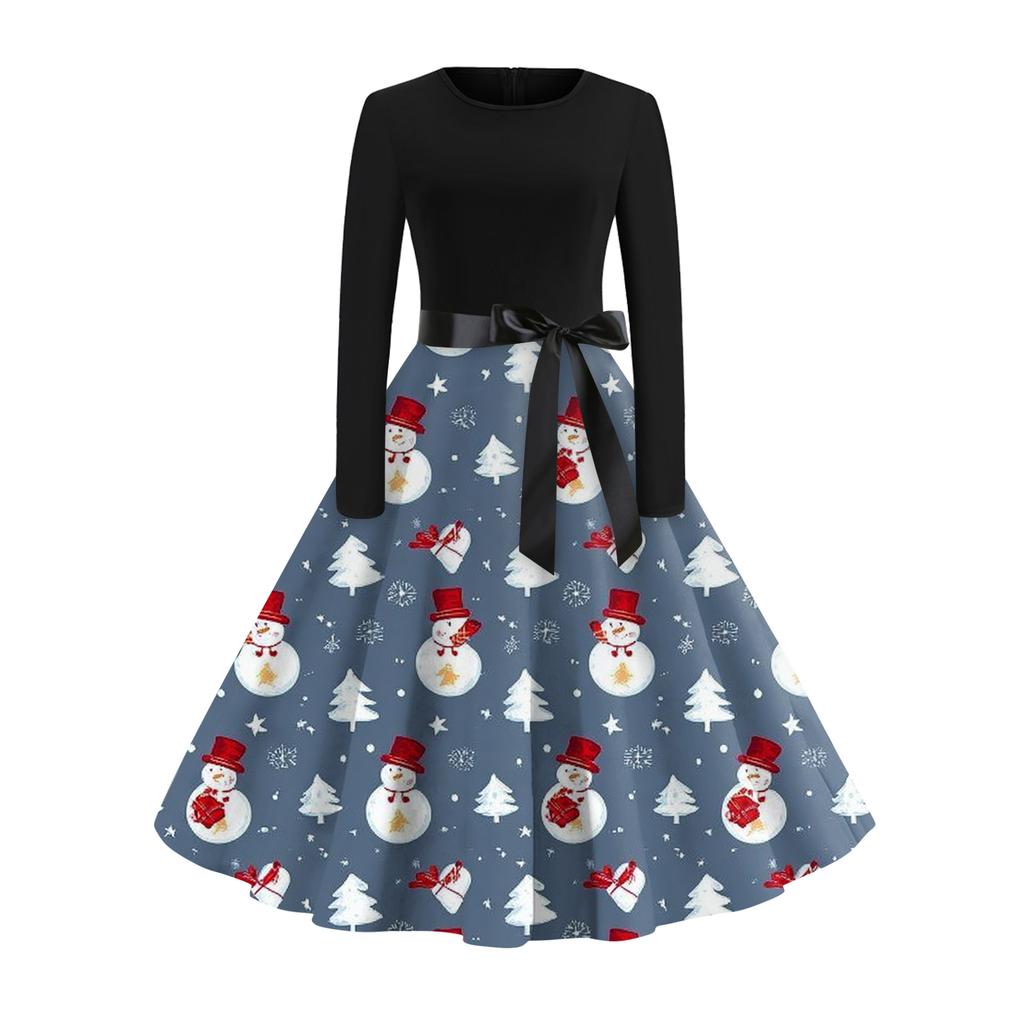 Women's Fashionable And Elegant Autmn And Winter Long-sleeved Round Neck Christmas Print Dress