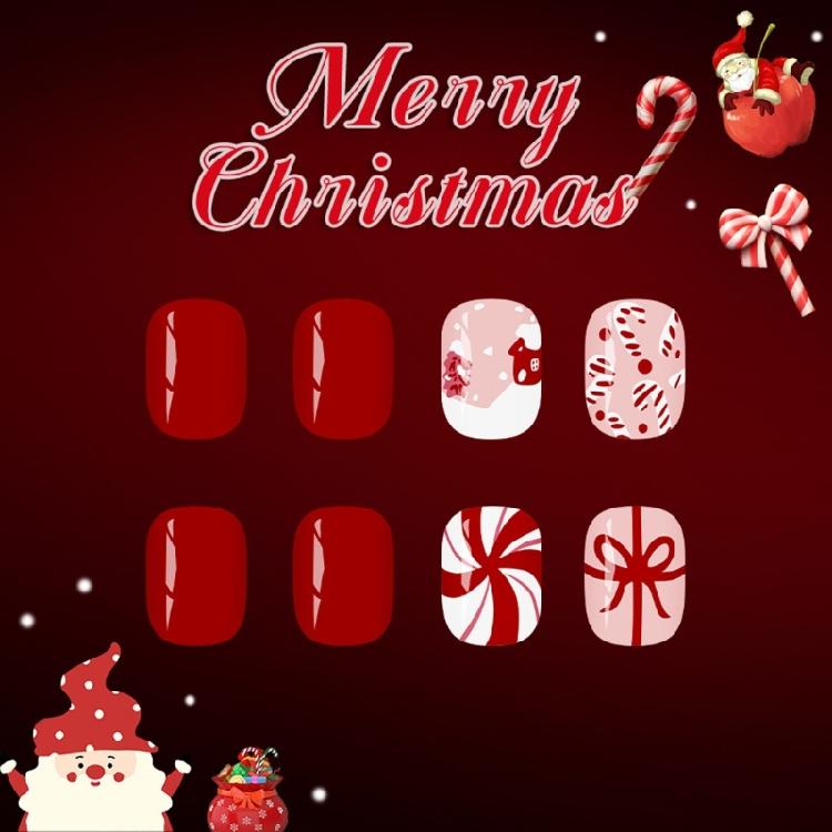 Holiday Party Press On Nail 24PCS Snowflake Candy Cane Designs Lightweight ABS False Nail Christmas Design Easy Apply