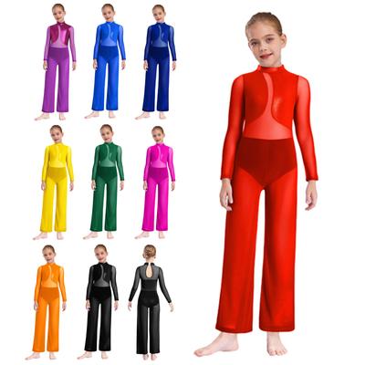 Sheer Mesh Wide-Leg Metallic Jumpsuit for Girls: Long Sleeve Keyhole Back Full Body Leotard for Gymnastics Stage Performance