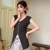 Women's Knitted Vest French Style, Solid Color V-Neck Sleeveless Chic Single-Breasted Top
