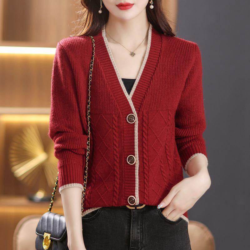 Strickjacke mit V-Ausschnitt für Damen, Frühlingsbekleidung für Frauen mittleren Alters, Frühlings- und Herbstmode, temperamentvolle Rautenrand-Noppen-Langarmjacke