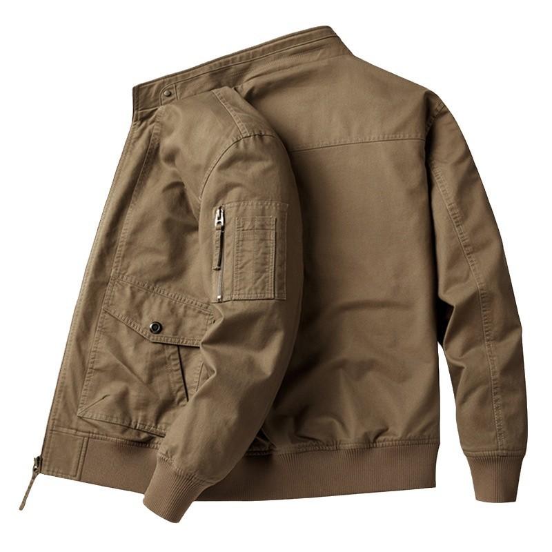 Men's Cotton Jacket Spring Autumn Solid Color Casual Loose Multi-pocket Outdoor Travel Stand Collar Top Men's Work Coat