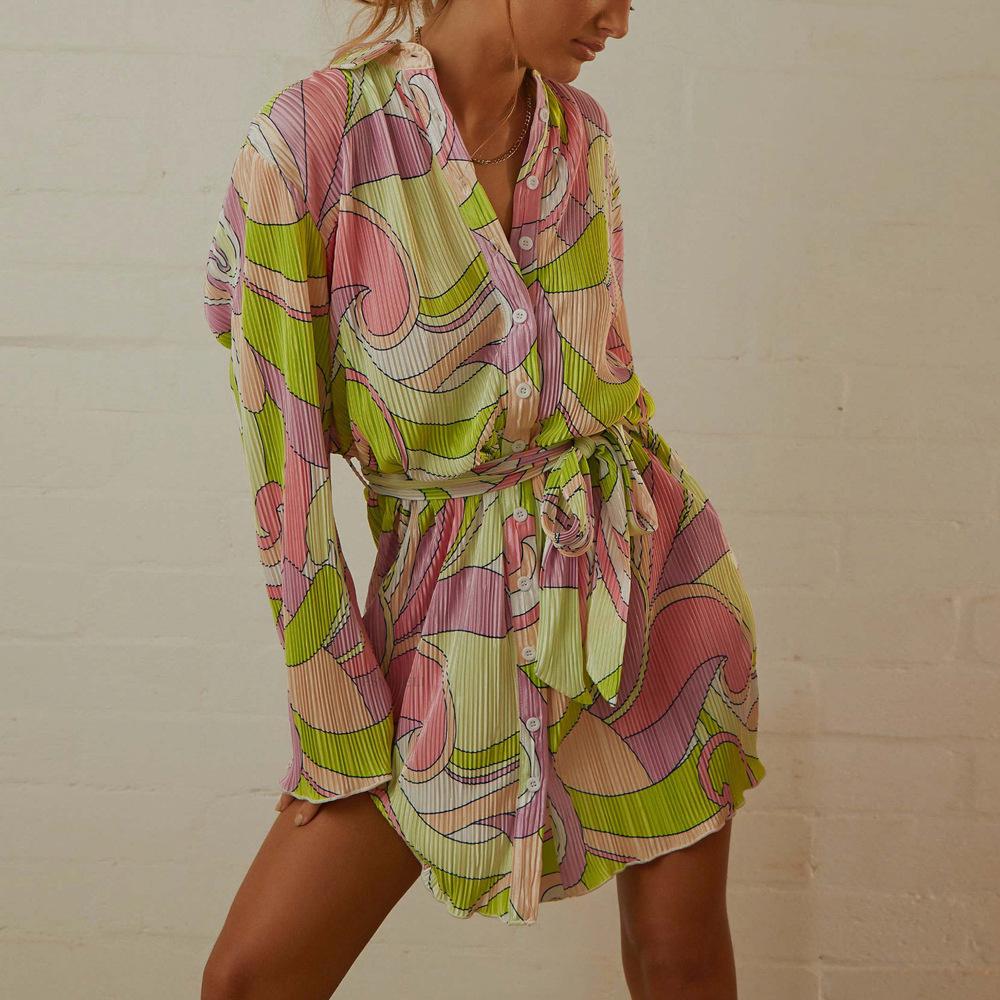 

Осеннее женское платье, темперамент, пригородное платье с цветочным принтом, кардиган с завязками и лацканами, платья с длинными рукавами L светло-зеленый