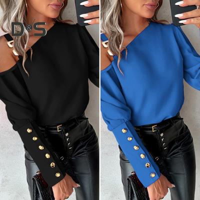 Herbst Frühling Damen Hemd One Shoulder Chain Dekor Langarm Einfarbig Knopf Dekor Slant Neck Pullover Weiche OL Commute Style Lady Bluse