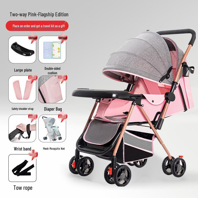 Lightweight Foldable Stroller: Sit or Lie Position, Four-Wheel Design, One-Key Fold for Kids and Babies.
