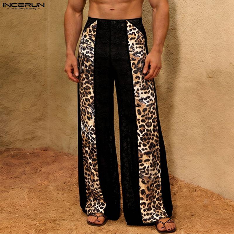 INCERUN Men's Leopard Print Patchwork Elastic Waist Trousers Streetwear Casual Wide Leg Loose Pants
