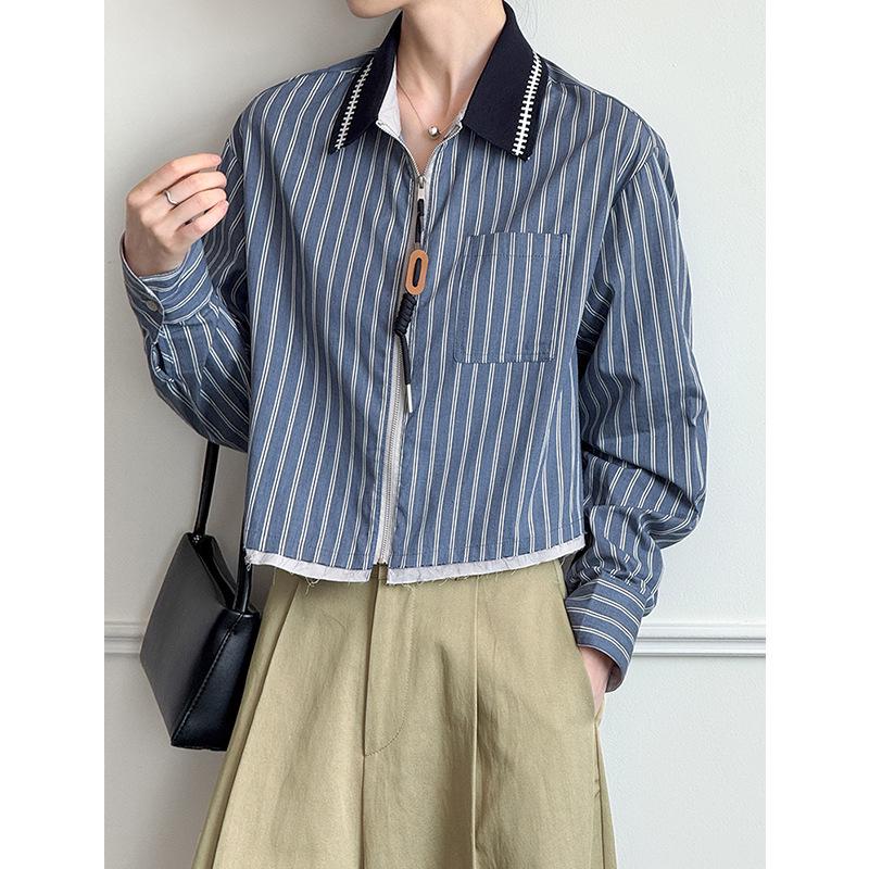 Ju Zhi Early Autumn Retro Dark Blue Striped Women's Long Sleeve Loose Casual Top