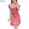 ZANZEA Women Casual V-Neck Short Sleeve Plaid Print Dress