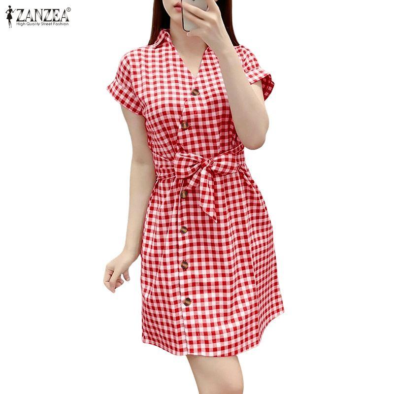 ZANZEA Women Casual V-Neck Short Sleeve Plaid Print Dress