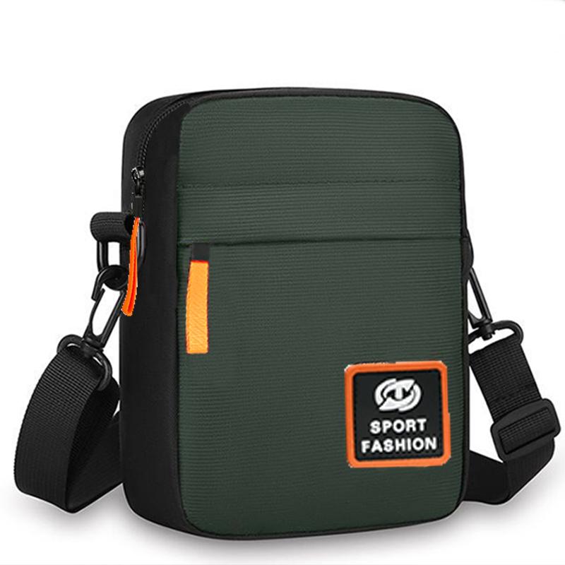 Durable Solid Men’s Crossbody Pack, Slim Lightweight Shoulder Bag with Contrast Orange Zip Decor and Patch