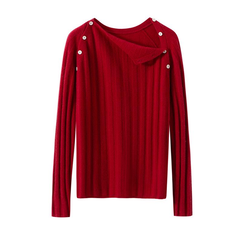 Women's Round Neck Cashmere Ribbed Slim-Fit Sweater, Long-Sleeve Winter Knit Top