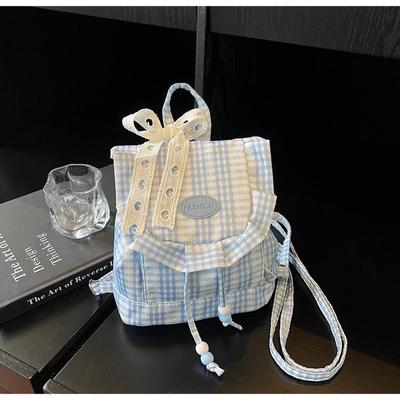 Koreanischer Karomuster Mini Rucksack mit Rüschen und Spitzendesign