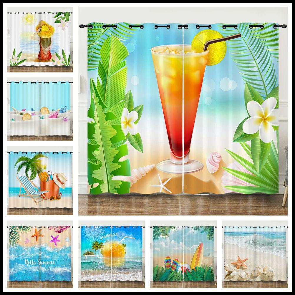 Curtains Summer Vitality Orange Beach Digital Printing Blackout Curtain Punching