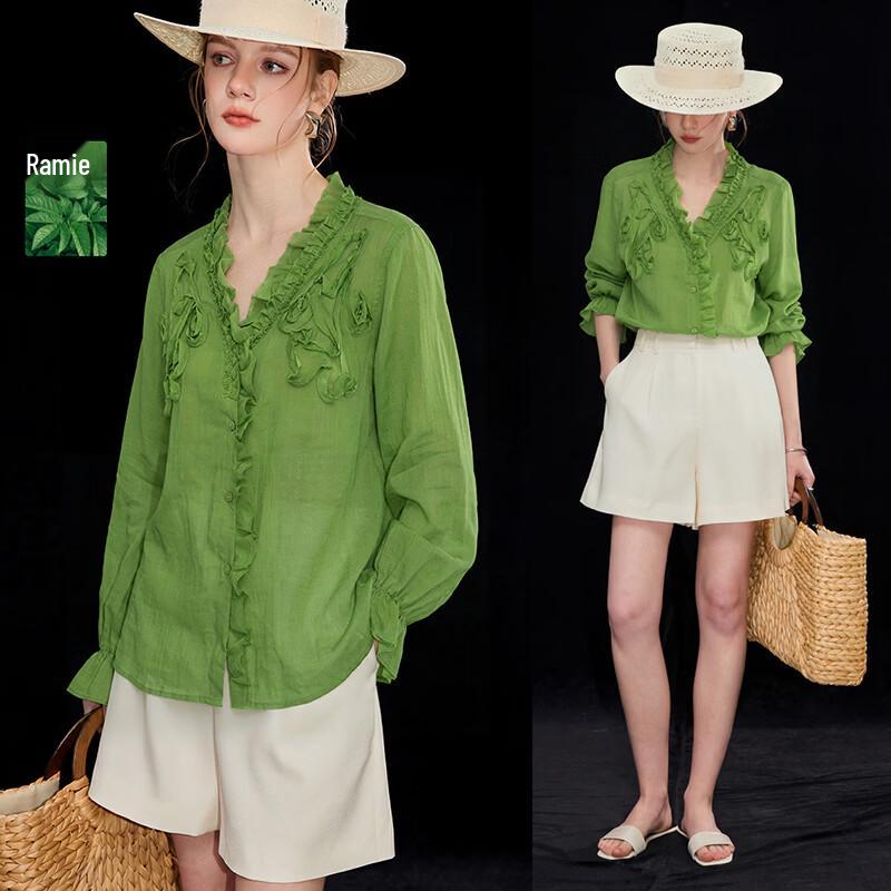 French Elegant Ramie Blend V-Neck Lace Blouse M