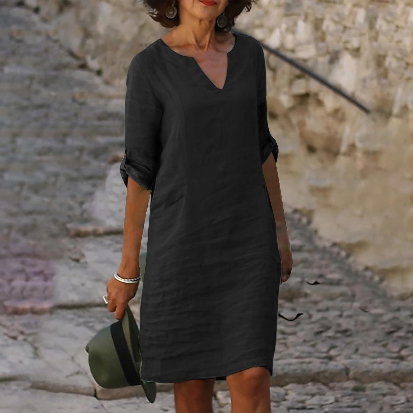 

Женское летнее однотонное хлопково-льняное платье в стиле ретро с v-образным вырезом и длинными рукавами, легкое дышащее платье M чёрный