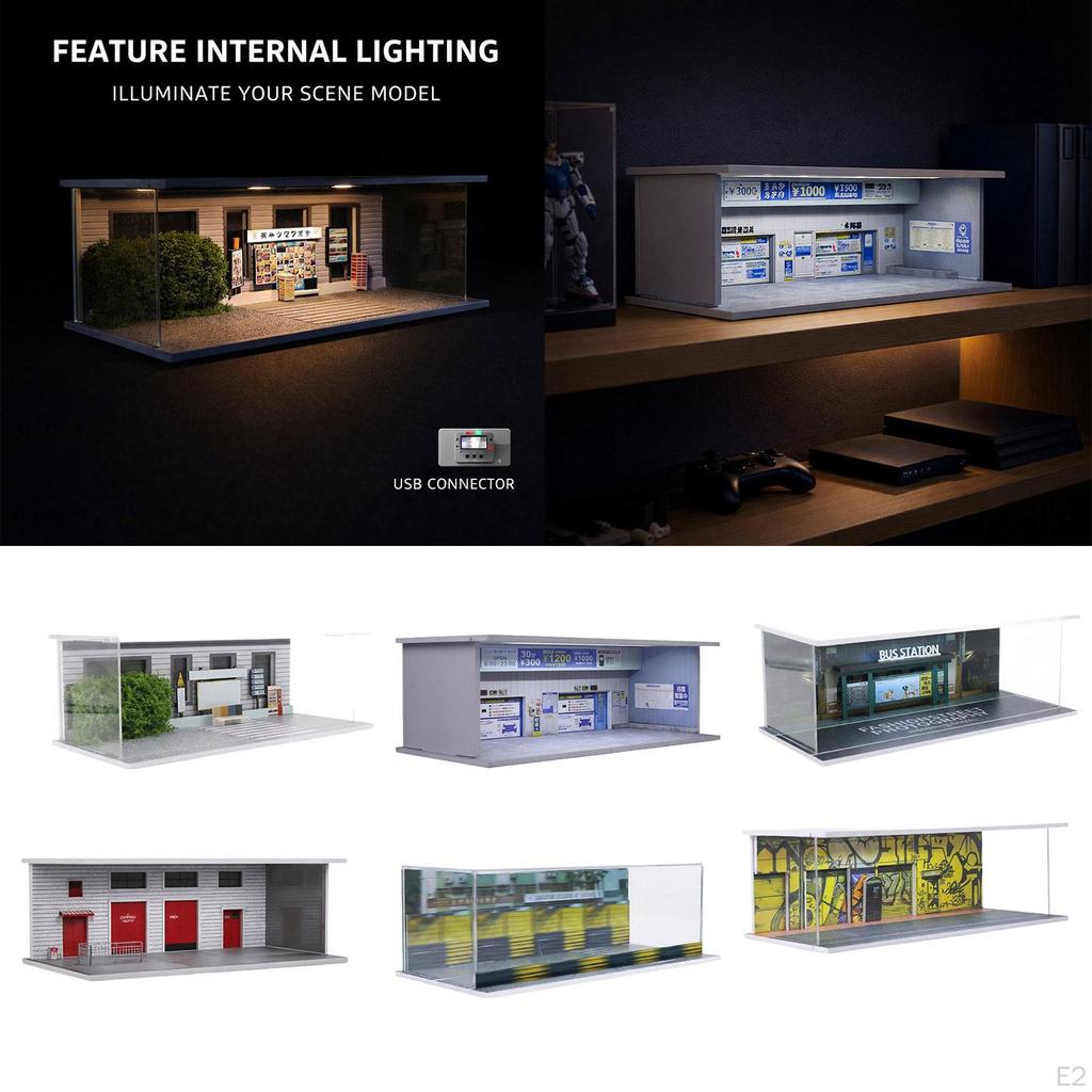 1/64 Model Car Display Case Miniature Street Scene with LED Lights for Sports