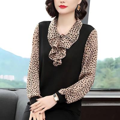 S-5XL Leopard Print Top Spring Autumn New Women's Lapel Loose Casual Blouse Fashion Mom Long Sleeve Bottoming Shirt
