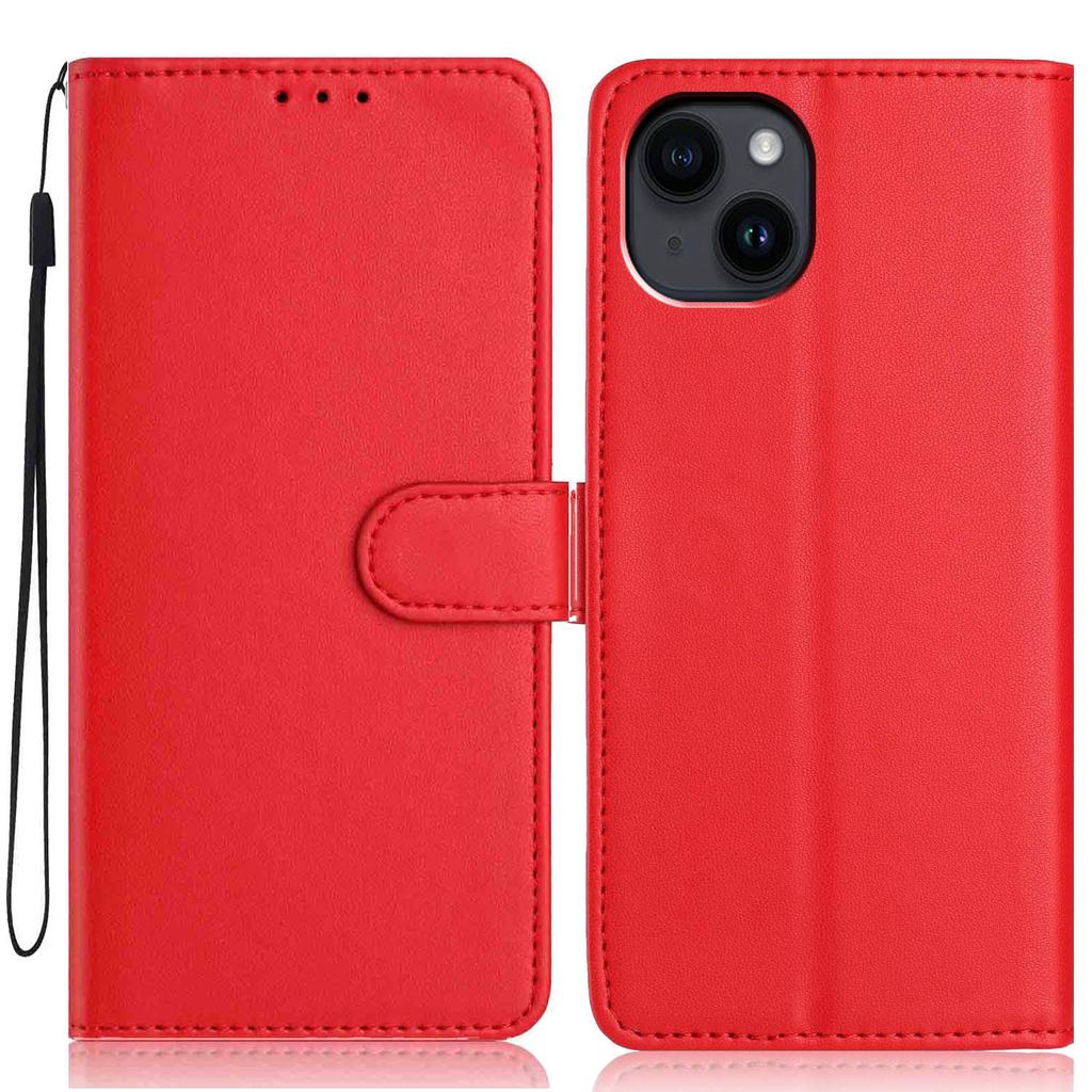 For iPhone 15 Wallet Case with Strap/Multiple Card Slots Solid Color Leather Stand Phone Cover