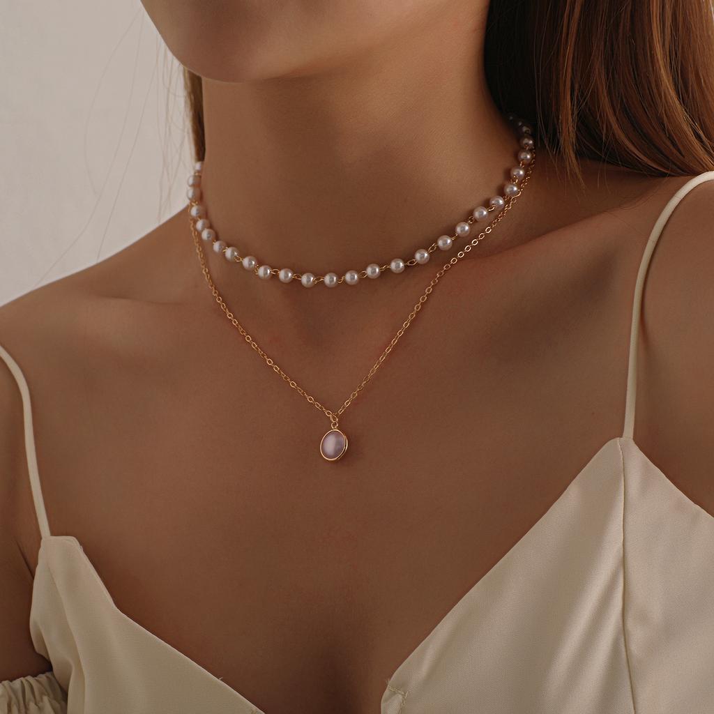 Europe, America, fashion edge lock pearl pendant multi-layer necklace women, temperament popular personality new item jewelry