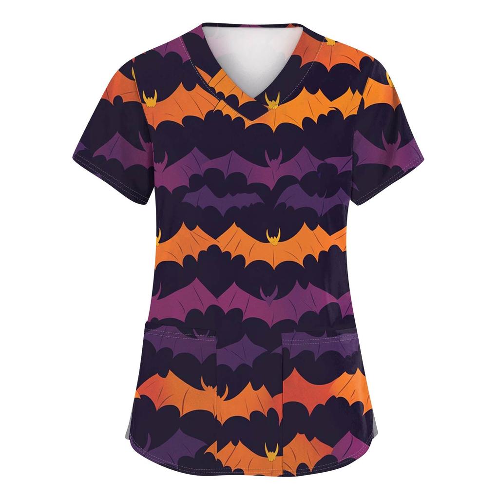 Women's Fashion V-neck Short-sleeved Work Uniform With Pockets, Halloween Print Top