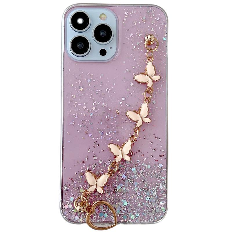 Compatible iPhone 16 Pro Max Transparent Resin Glitter Phone Case with Bowknot and Bracelet