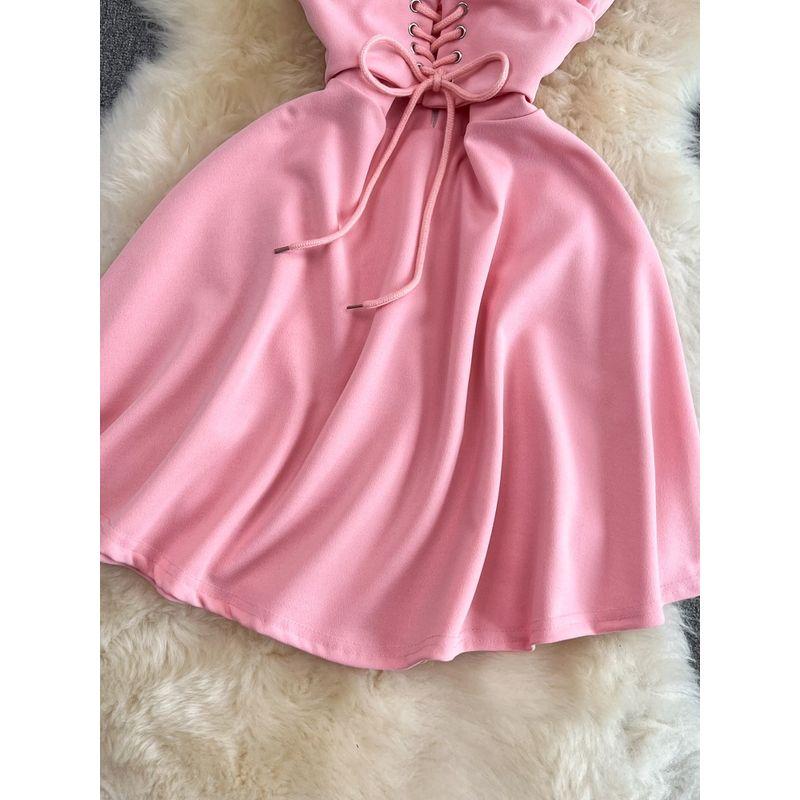 Summer Korean New Nightclub Sexy Tube Top Suspender Skirt Mesh Patchwork Cut Out Lace-up Waist-Controlled A- line Dress