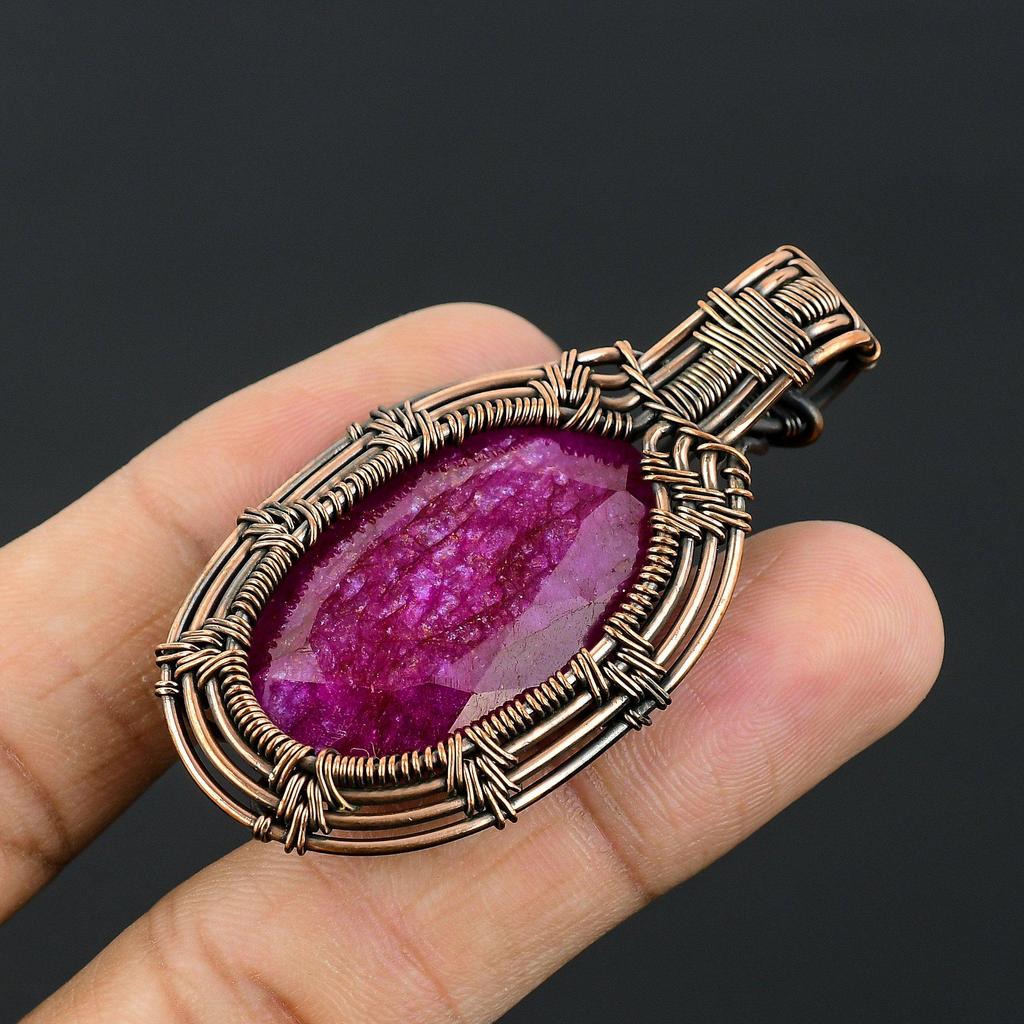 Ruby Pendant Gemstone Jewelry, 999 Copper Wire Wrapped Handmade Pendant, Latest Design Jewelry