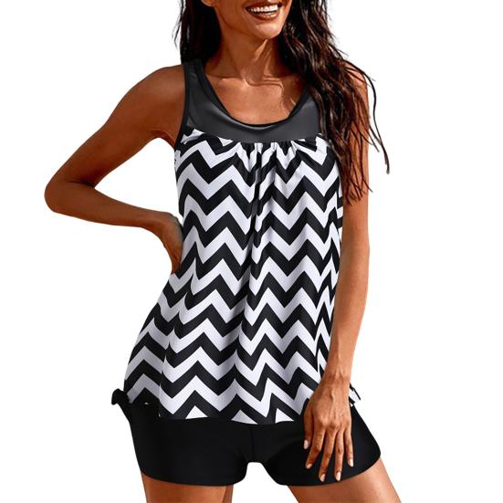 2Pcs/Set Women Summer Tankini Set O-Neck Sleeveless Padded Printing Tops Solid Color Mid-rise