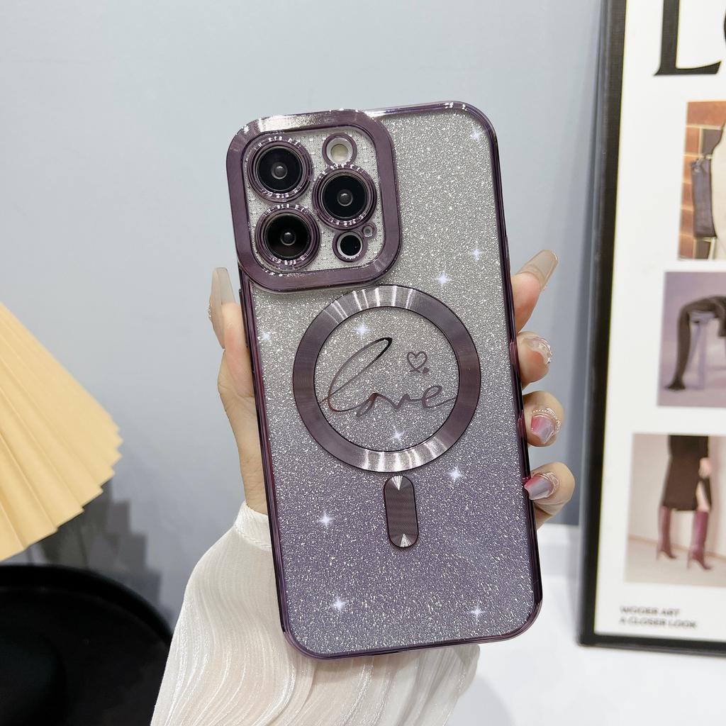 Electroplated Magnetic Soft Case for iPhone 15 Pro Heart Full Coverage Ins Apple 17 Gradient Glitter Phone Case Cover