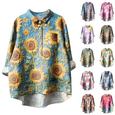 Women's Long Sleeve Shirt Button Vintage Floral Print Casual Hem Irregular Shirt Collar Top