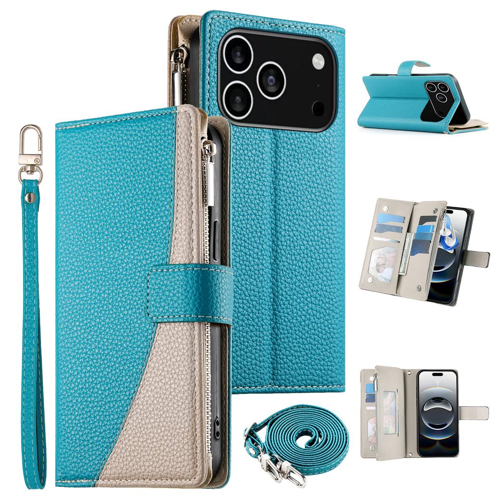 For iPhone 17 Pro Case Zipper Wallet Color Splicing Leather Flip Phone Cover with Straps
