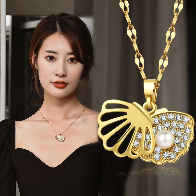 Trendy Summer Shell Pearl Choker Necklace With Unique Fan Shape And Water Wave Chain For Everyday Wear